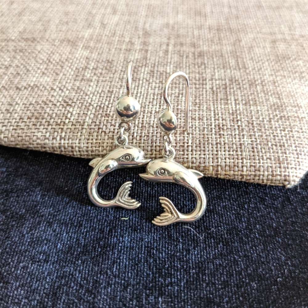 Vintage 925 Sterling Silver Dangly  Dolphin Earrings Pierced 1.5"